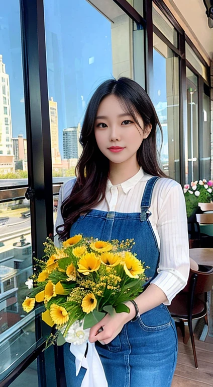 Realistically, as a masterpiece of the highest quality, the woman behind the large window in the warm sunlight pouring in from a downtown café, received a big banquet of flowers, dating, in a lively style, with an emphasis on expressiveness, a look of devotion