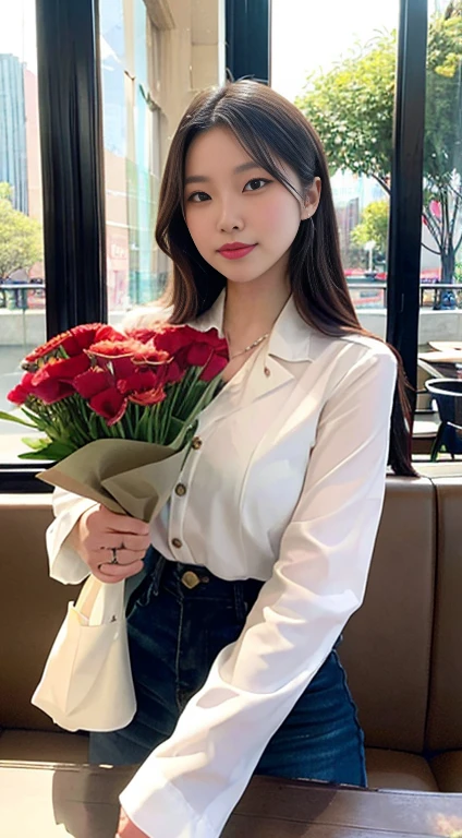 Realistically, as a masterpiece of the highest quality, the woman behind the large window in the warm sunlight pouring in from a downtown café, received a big banquet of flowers, dating, in a lively style, with an emphasis on expressiveness, a look of devotion
