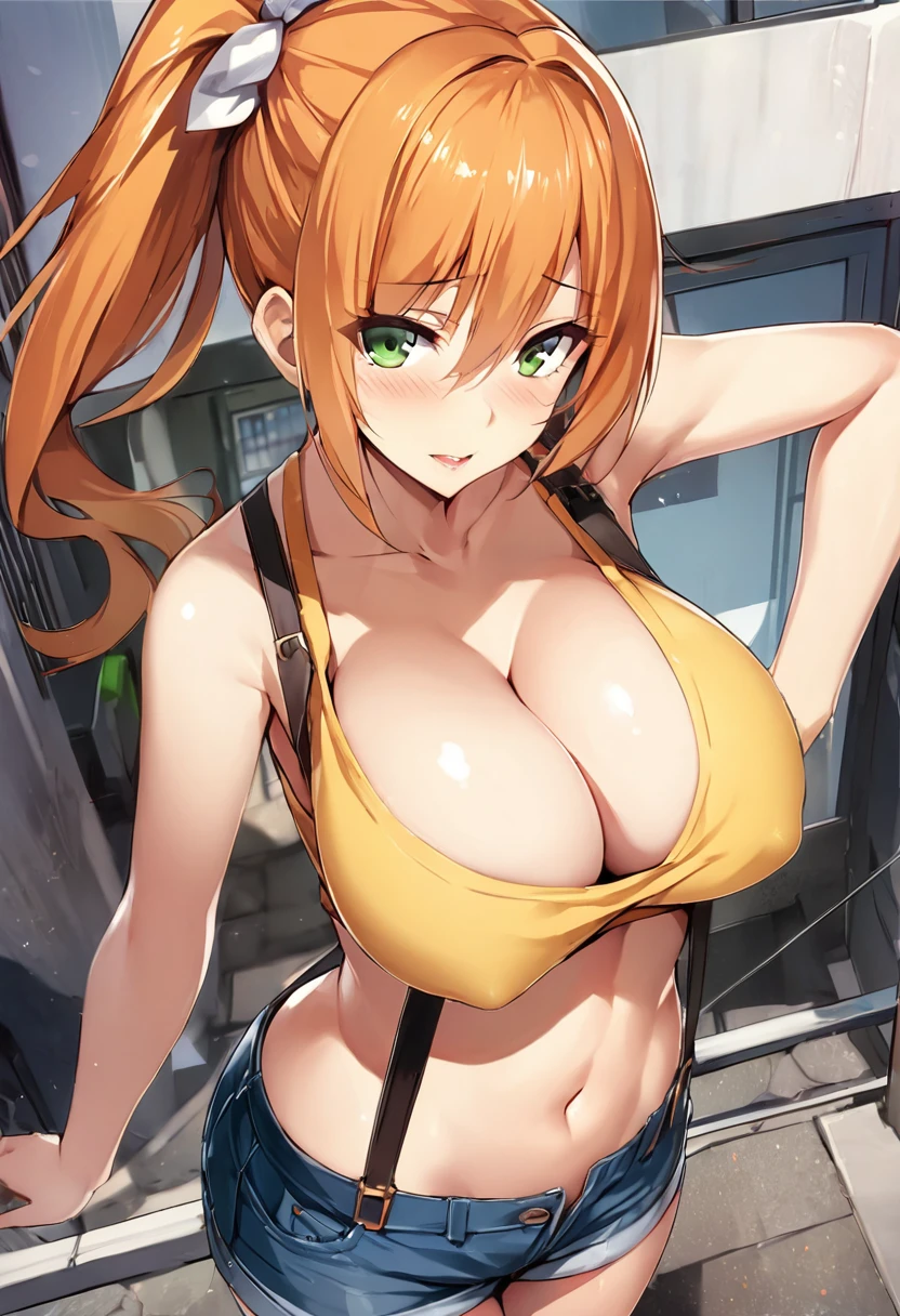 score_9,score_8_up, score_7_up,source_anime.superior,from above,below view,contrapost ,mediumshot, , (mature) ,(One girl:1.2), Outdoor, Green Eyes, Orange Hair, Side Ponytail, Yellow tanktop, cleavage breast,Sleeveless,navel,slender waist,Denim shorts, suspenders, Captivating look, Seductive expressions, delicate curves, ,,,mid,masterpiece,bestquality, Highest quality,absurdres