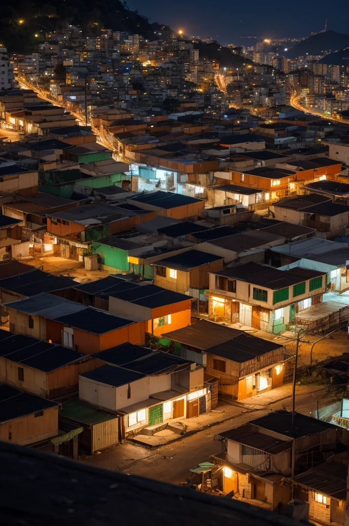 a very distant favela located in Brazil at night with the orange colored shacks
