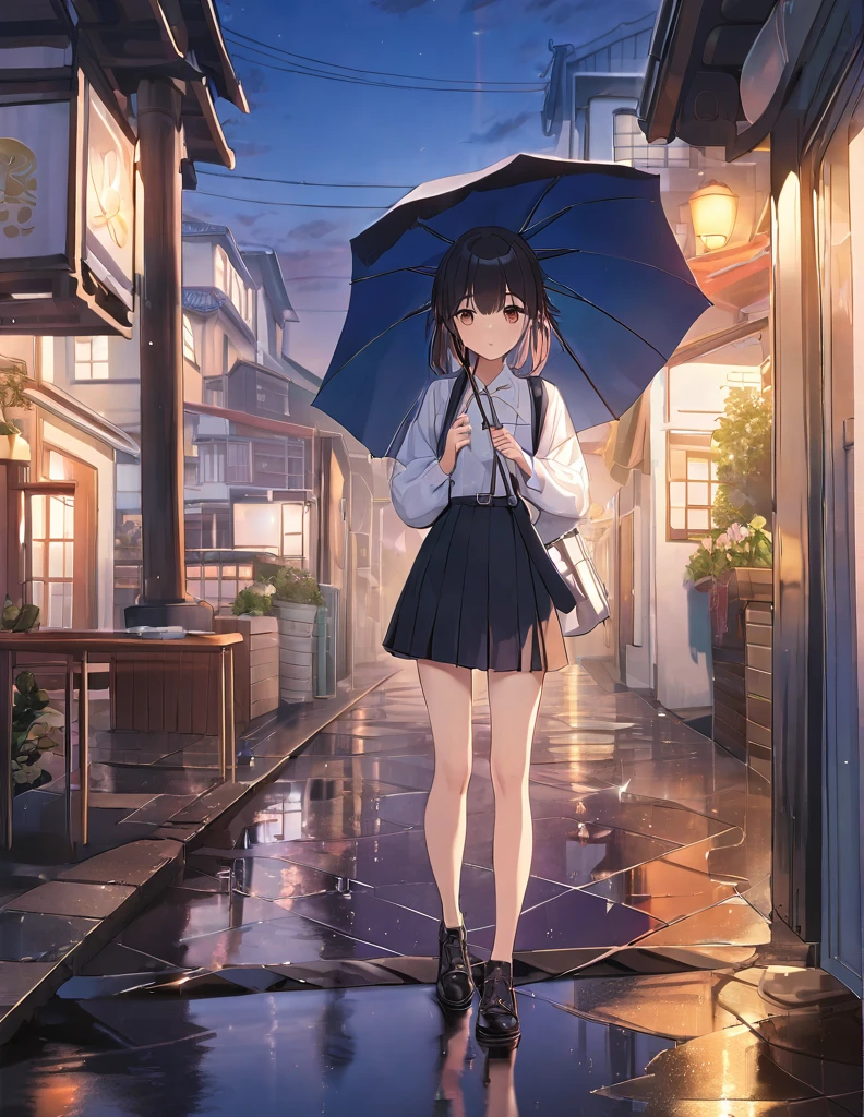 A soft touch to painting、超High resolution, Attention to detail, high quality, High resolution, 最high quality, 4K, 8K,Road after the rain、sunset、Holding an umbrella、Puddle and girl、whole body、In town