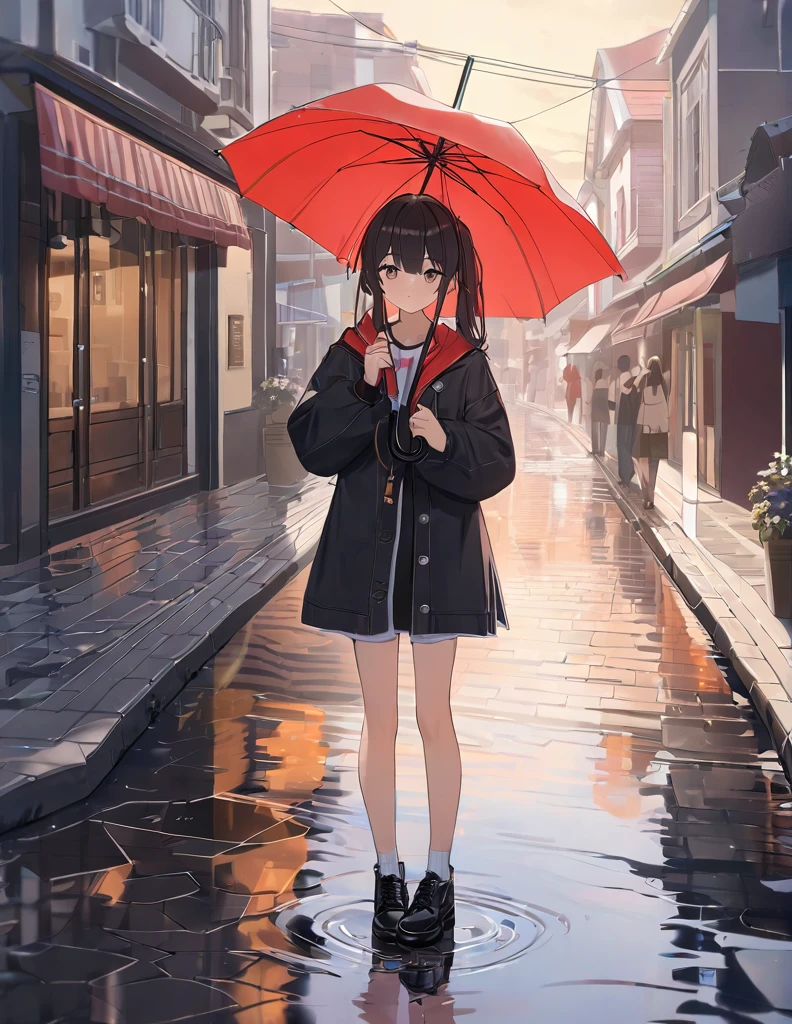 A soft touch to painting、超High resolution, Attention to detail, high quality, High resolution, 最high quality, 4K, 8K,Road after the rain、sunset、Holding an umbrella、Puddle and girl、whole body、In town