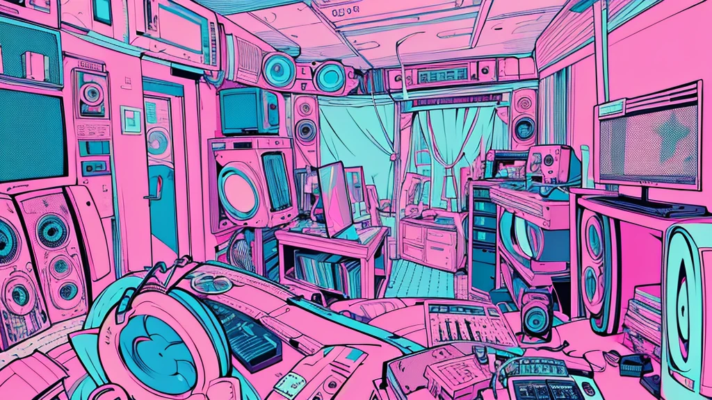 Best quality, (masterpiece), best detail face,1 girl, big breasts, 18 yo, 8k,absurdres,unity 8k wall paper,(extremely detailed:1.3), highest realistic, (retro headphones:), (psychedelic), Her room full of music equipment and records, sports wear , See the whole room, She is at the end of the room, natural color palette