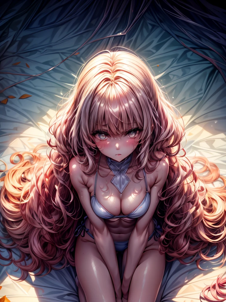 The whole body is covered in oilで光沢感がある Tissue paper cut into small pieces, A small crumpled roll of tissue paper, A small piece of tissue paper that had fallen to the ground, torn apart and crumpled, Excessive sweating on the face,Sweat dripping down,Sitting on an old bed, Duvet with a light yellow stain Old gym mat ,Gymnasium Warehouse, There are lots of small rolled up tissue papers on the floor. , Crumpled garbage is scattered everywhere., Very old gym mat, Messy room, Dimly lit room Hardwood Floors Scattered small rolled tissue papers Upper body sailor suit, Lower body swimsuit Inner swimwear Illustration Style Anime Style Small lips Face of Shame Embarrassing beautiful girl Very cute clothes Cheeks pink Light purple hair Blonde long hair super curly hair Super long sideburns Rubber clothing hair band Pearl white silk tights that become transparent when wet White super long boots Big eyes Hanging eyes Angry Blushing Shocking Pink Rouge Sweating profusely A small roll of tissue paper The whole body is wet from rain Mucus clings to the whole body Steam coming out of the whole body Steam rises across the screen. White Breath Haa The whole body is covered in oil evening Overall orange background Sunset sunshine