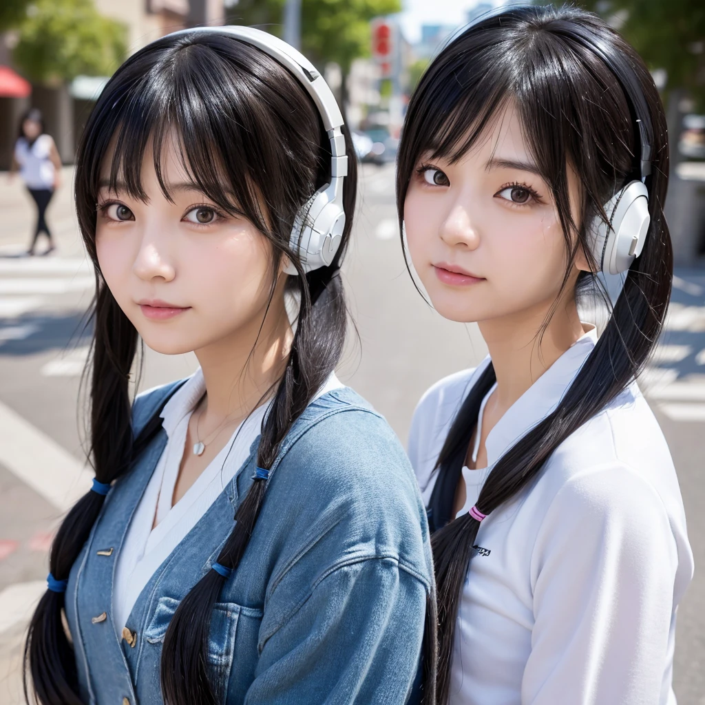 35-year-old Japanese woman、Black Hair、The hair is very short、Twin tails、High school girl cosplay、headphones、flat chest、Realistic photos、Realistic、8K quality、tall、No bangs、Street Snap、Close-up of face、Afterschool