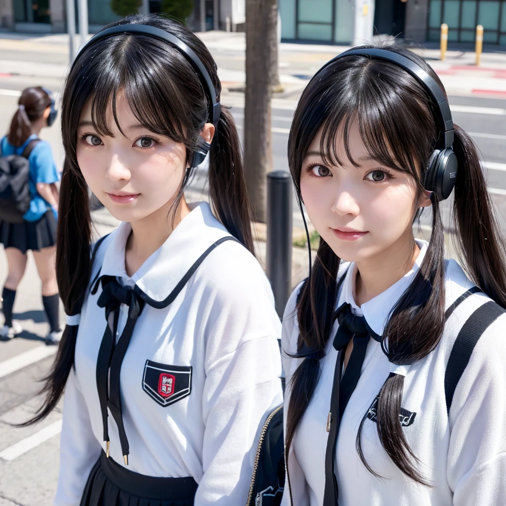35-year-old Japanese woman、Black Hair、The hair is very short、Twin tails、High school girl cosplay、headphones、flat chest、Realistic photos、Realistic、8K quality、tall、No bangs、Street Snap、Close-up of face、Afterschool