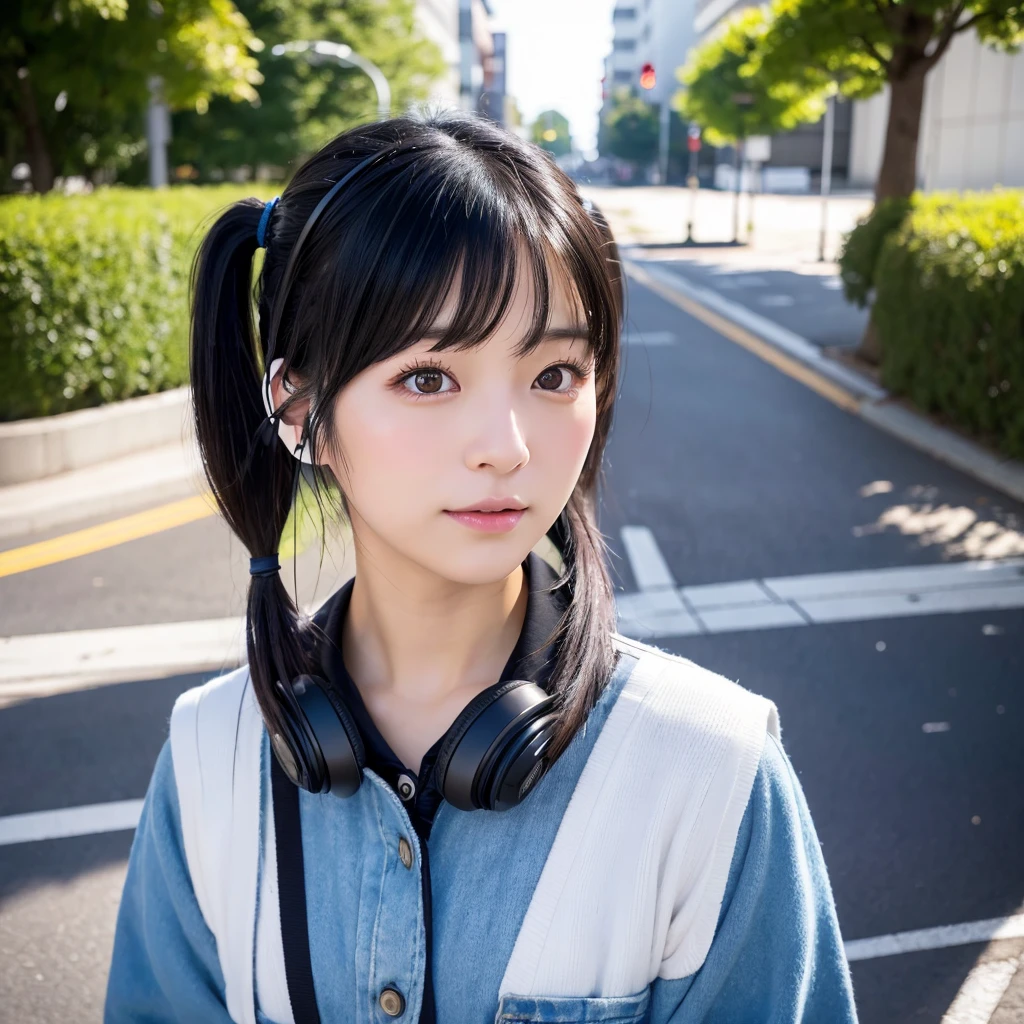 35-year-old Japanese woman、Black Hair、The hair is very short、Twin tails、High school girl cosplay、headphones、flat chest、Realistic photos、Realistic、8K quality、tall、No bangs、Street Snap、Close-up of face、Afterschool