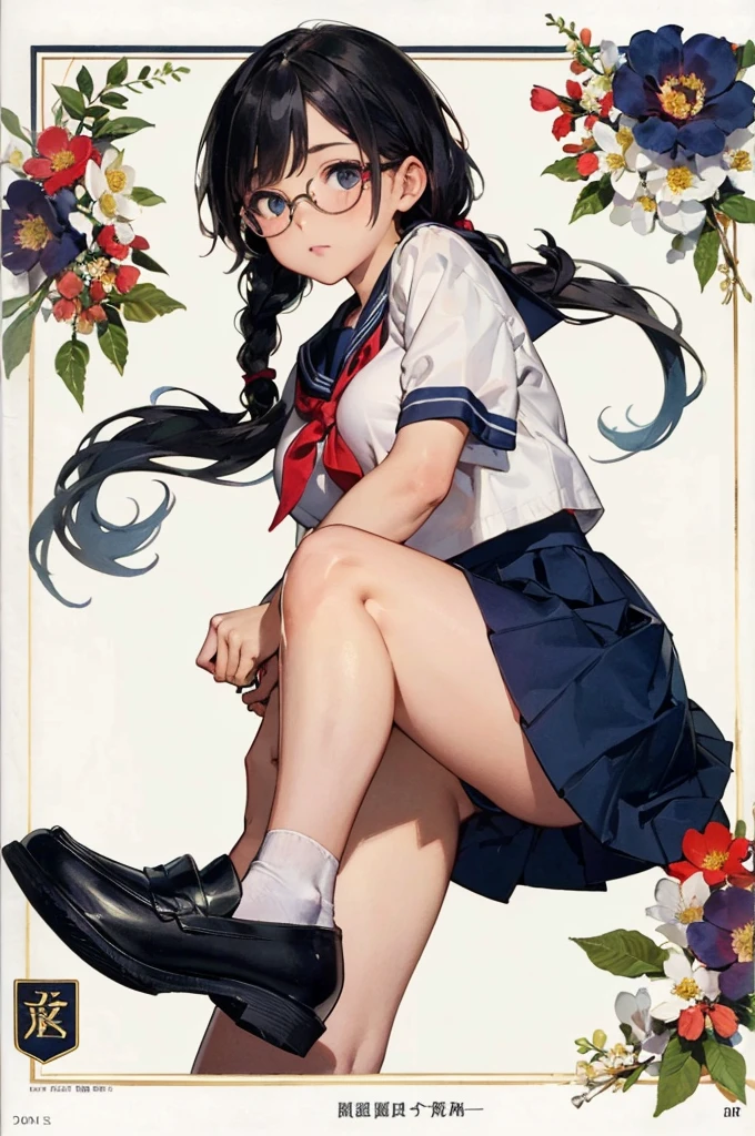 Detailed Background,Beautiful landscape painting,Botanical Art,Flower Art,(Floral:1.2), (masterpiece, Highest quality),Vibrant colors,colorful, Highest quality, Amazing details, Anatomically correct, Line art, Written boundary depth,Flat Shading,Bokeh, girl, , (upon: 1.3), (School Sailor Suit、Navy Blue Skirt)、Open clothes,White socks、Black Loafers、Expressive eyes、Perfect Face。
she has black hair。sheは広い額を持っています。she has no bangs。sheの生え際。Short braid。Brow wrinkles。Black glasses。she is blushing。Big Breasts、Plump、Spread your legs。)she'Not cute,From above、