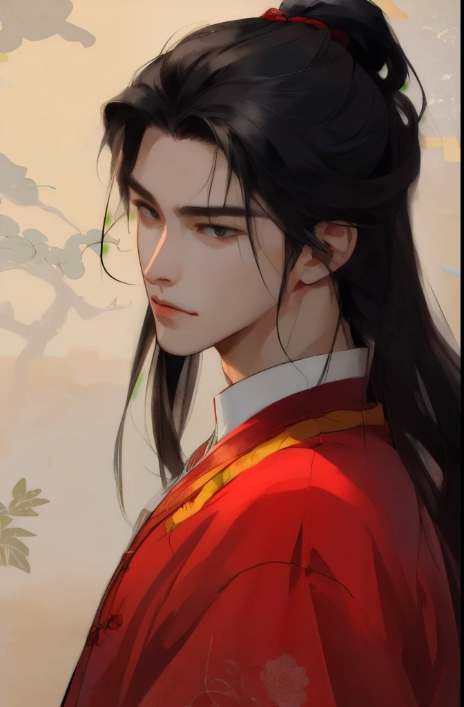 handsome guy，Quiet and peaceful，A faint smile，Chinese clothing and accessories，Black Hair，Perfect face