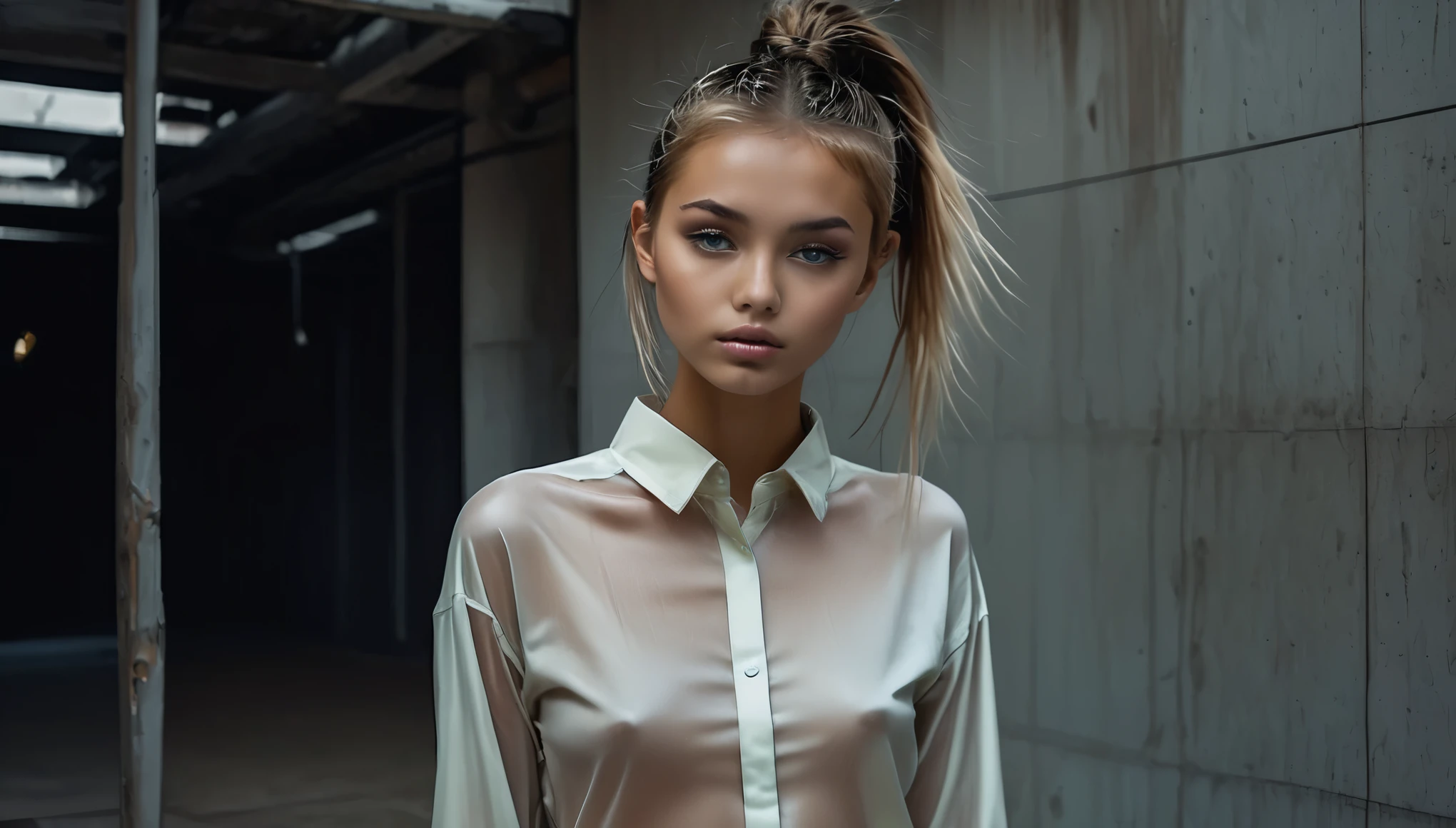 Top Quality, Masterpiece, High Resolution, 8k, full body shot, wide view, (((cute skinny barely legal girl in oversized silk shirt and wetlook leggings, wide neckline, deep neckline, beautiful detailed eyes, small closed mouth, extremely detailed face, beauty spot, nose piercing, long slick ponytail hair, small hips))), (at night, dim lighting, look behind, cyberpunk, tattoo, neon colors)