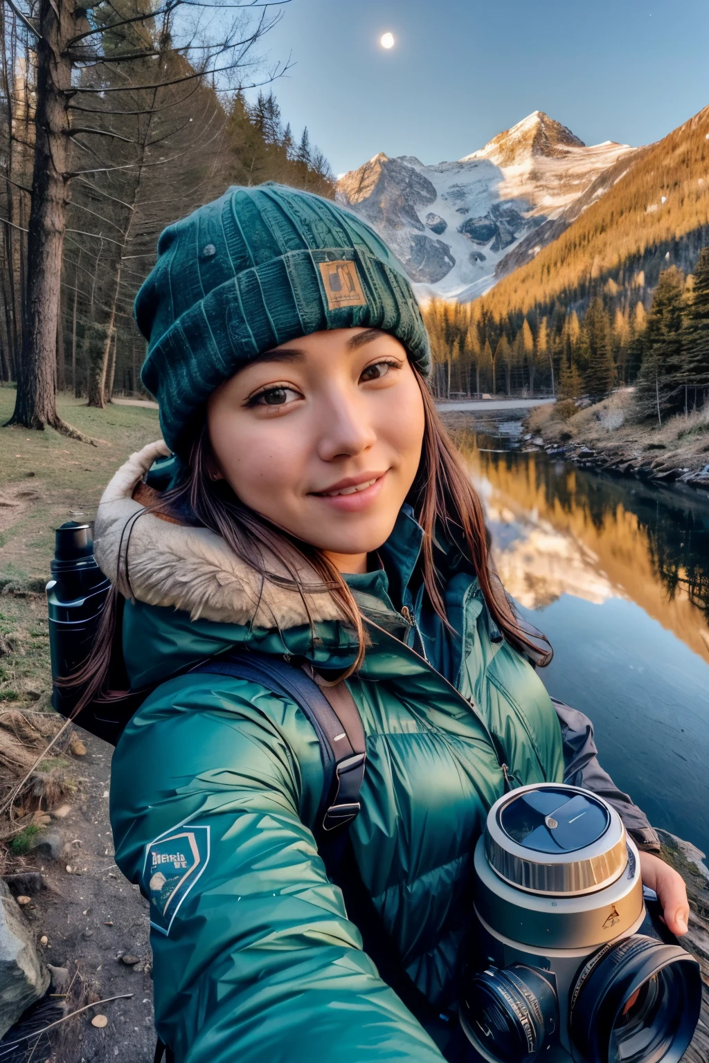 Veronica Cypher ((Upper Body selfie, Happy)), masterpiece, Highest quality, Very detailed, alone, Outdoor, (night), Mountain々, nature, (performer, moon) Hilarious, Happy, Backpack, sleeping bag, Camping stove, Water bottle, Mountain boots, gloves, sweater, Have, flashlight, forest, rock, river, wood, cigarette, Shadow, Contrast, sunny, Analog Style (View the viewer:1.2) (Skin Texture) (Film Grain:1.3), (Warm shades, Warm Tones) :1.2), close, Cinematic Light, Side light, Ultra-high resolution, 最高のShadow, born, Upper Body, , Wearing a Kodak Vision 3 pullover,