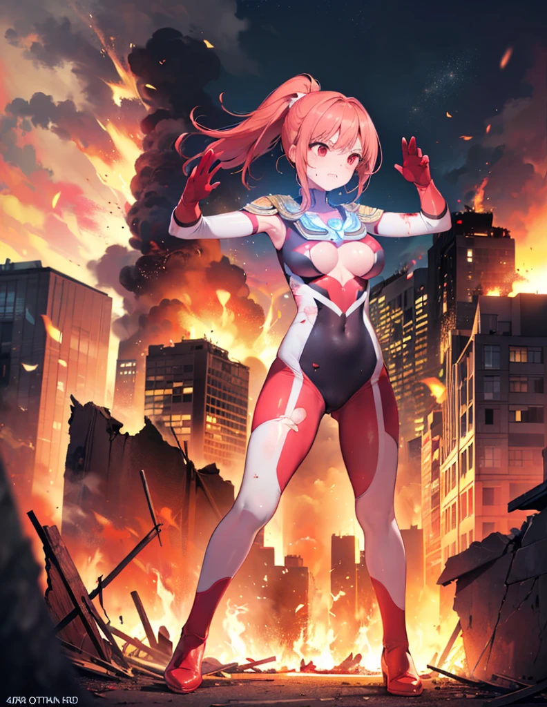 Practical,Highest quality, Ultra Detail, High-quality CG rendering, The most delicate and beautiful, Floating softly, High resolution, (1 giant girl), (Highest quality,4K,8K,masterpiece:1.2),(All red hair:1.5), (ponytail:1.5),(Red eyes:1.5), (Ultra Girl:1.0), (All red Ultraman bodysuit:1.4),(Do not expose your skin:1.4),(Slightly larger breasts:1.5),(Red gloves:1.3),(Red Shoes:1.3),(whole body:1.3),(Are standing:1.3),(A city engulfed in flames:1.3),(Buildings in flames:1.3),(Burning Ruins:1.3),(Fighting Pose:1.3),(sweating:1.3),(Wounded:1.3),(Flames on the body:1.2)