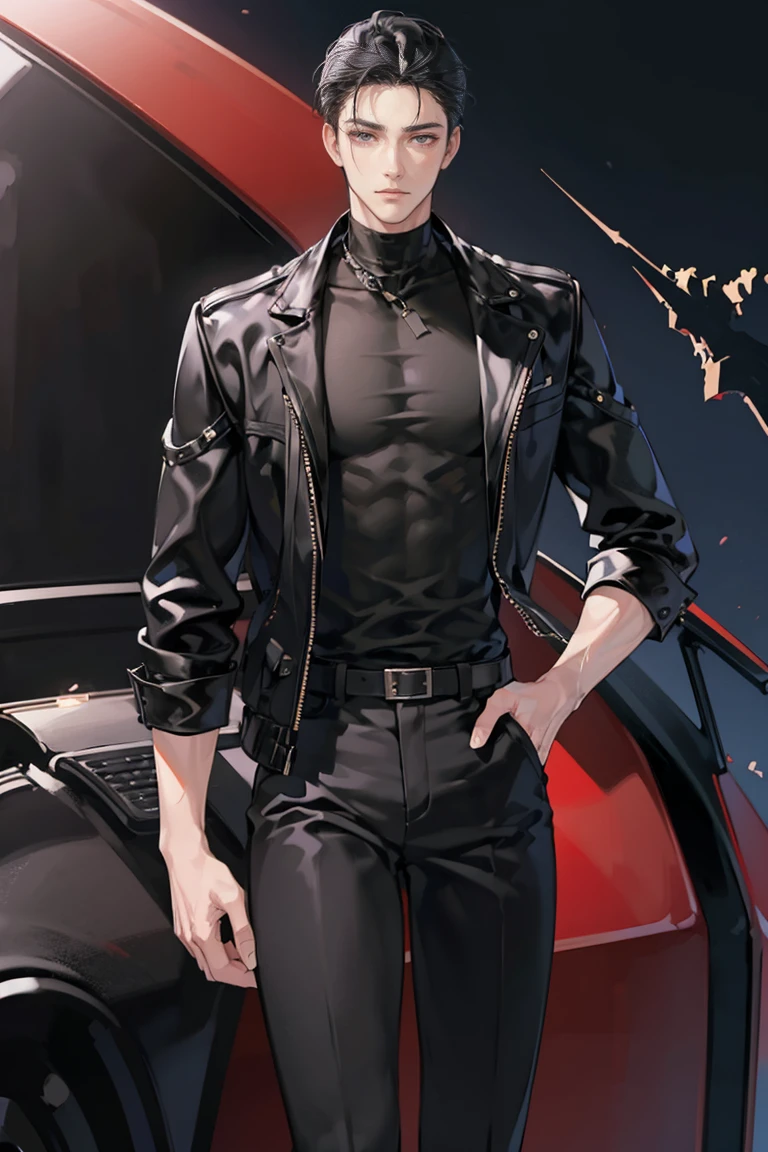 anime - (masterpiece), best quality, seductive eyes, mature face, black eyes, short slicked back black haircut, plain black t shirt, black leather jacket, black pants, tall man, long legs, masculine, broad shoulders, adult-like, full body, both hands on his pockets, bad boy, motorcycle