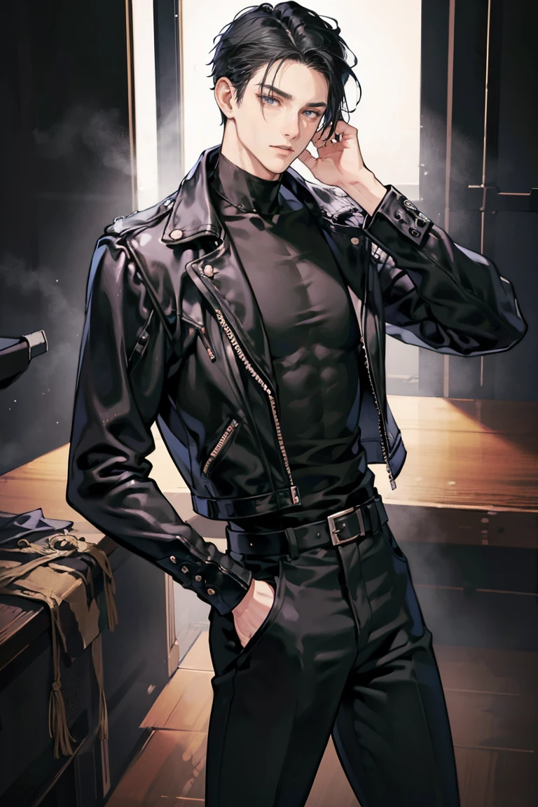 anime - (masterpiece), best quality, seductive eyes, mature face, black eyes, short slicked back black haircut, plain black t shirt, black leather jacket, black pants, tall man, long legs, masculine, broad shoulders, adult-like, full body, both hands on his pockets, bad boy, motorcycle
