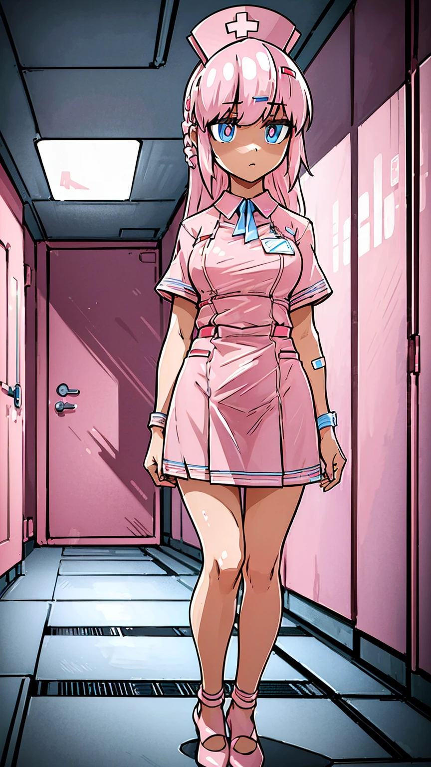 ((masterpiece)), ((Best quality)), (a high resolution:1.3), (Professional photography:1.2), 1 girl (Bianca Abercrombie), One, Bandage, cross Bandage, high heel shoes (pink shoes ), pink long hair, Blue eyes, pink pupils, shy, bare thighs, Pink nurse clothes, nurse cap, (nurse uniform), Cross decoration, nurse, standing, hold tablet, Clinic