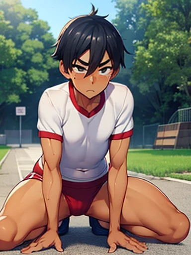 Buruma,gym uniform,Belly button,(((A boy,Shyness))),flat chest,Red face,Watery eye,Shyness,Short Hair,Outdoor,Famous meeting points,lowrise bottom,fullbody