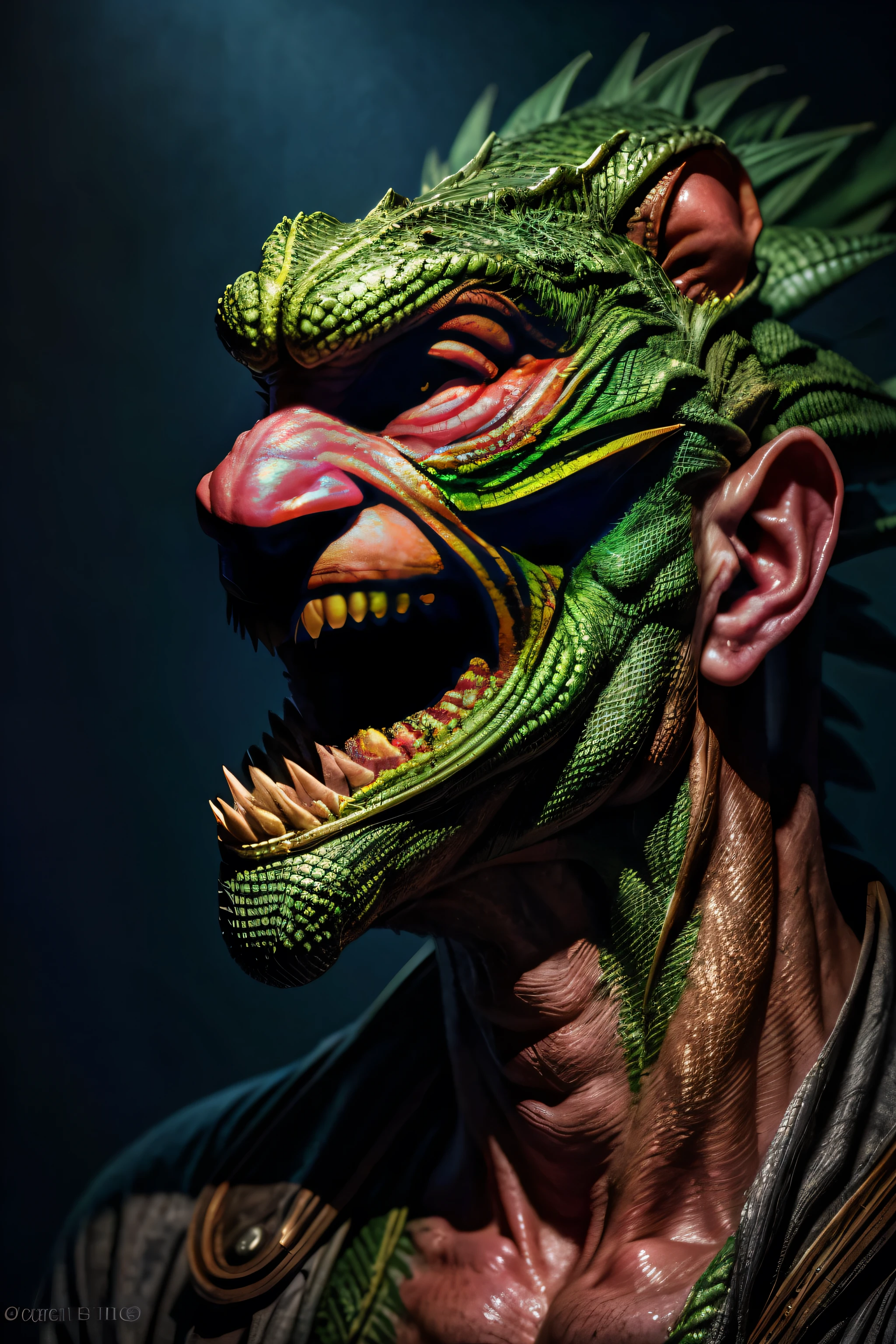 realistic image, of the highest quality, RAW Photos, cinematographic composition, (whole body:1.4) photograph of (Lizardman eats rats:1.2), (grin:1.2), (dynamic gesture:1.2), haggard face, Aquiline nose, Thick eyebrows, emaciated skin, disgusting, annoy, realistic image skin texture|light|wrinkles, Detailed clothing, fabric|wrinkles, many details, complicated details, subsurface dispersion, volume shadow, sharp focus, 8th, Very detailed, HD, HDR, (Very tall facial expression.:1.2), (Precise hand anatomy:1.1),36k completo hd