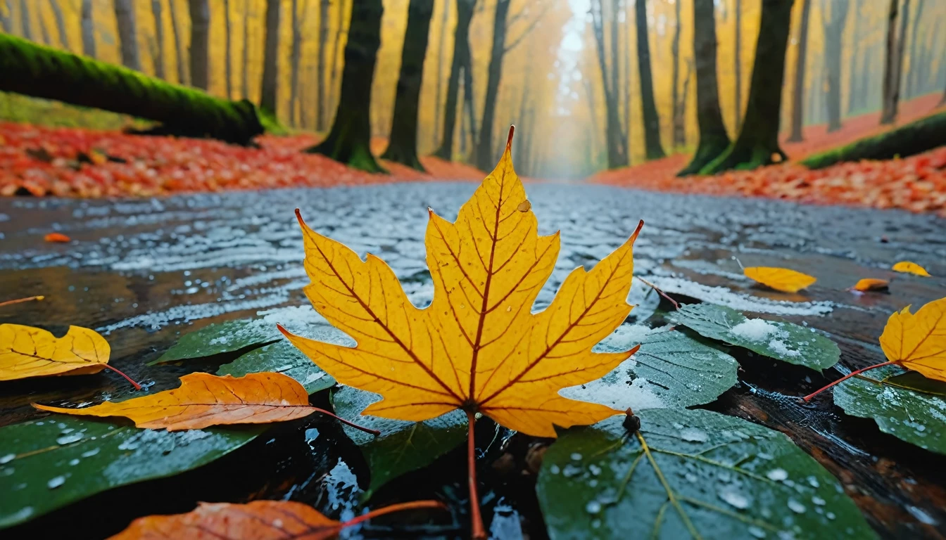 there is a round leaves that is sitting on the wilderness, magical round leaves leaves falling, snow is falling thinly,nature documentry footage, youtube video screenshot, today's featured photography 4k, autumn rain turkel, nature photography 4k, november, cinematic widescreen shot, leaves and magic, high quality screenshot, 2 0 2 1 cinematic 4 k framegrab, wide screenshot