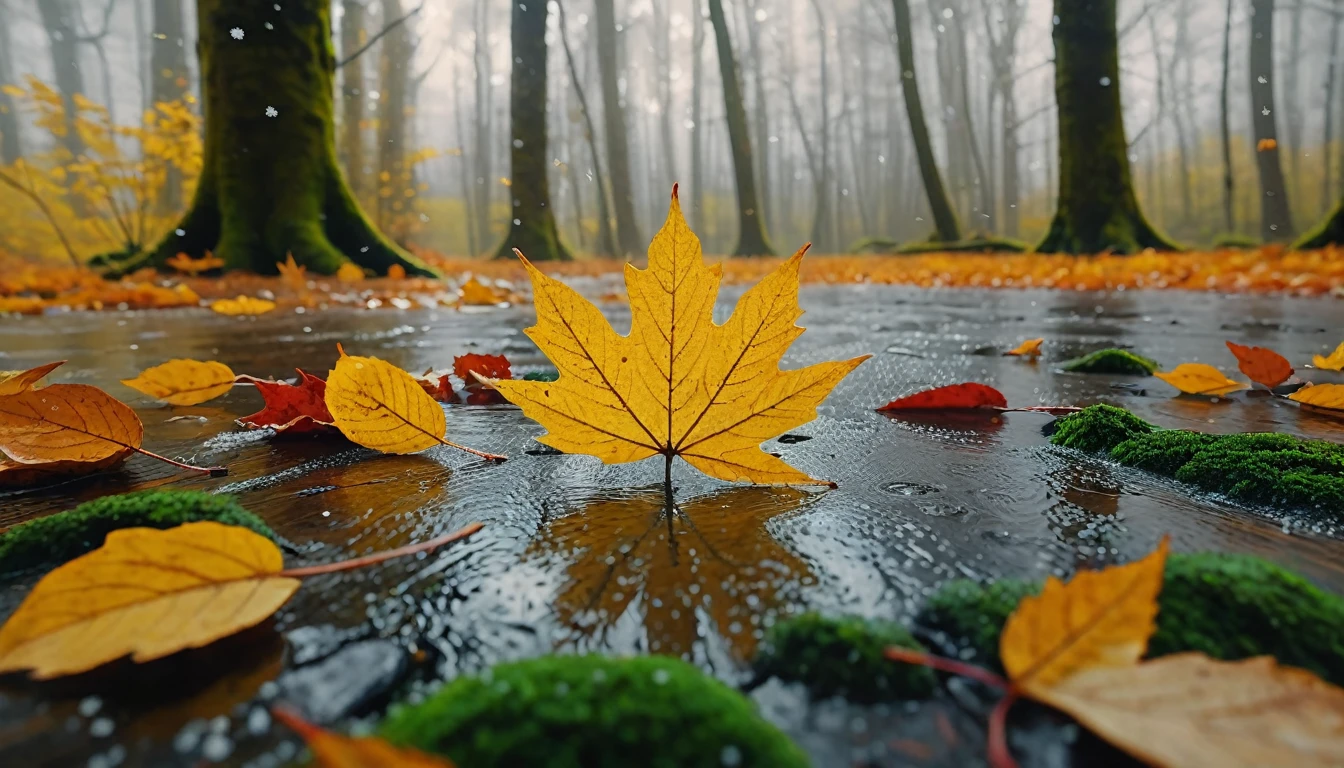 there is a round leaves that is sitting on the wilderness, magical round leaves leaves falling, snow is falling thinly,nature documentry footage, youtube video screenshot, today's featured photography 4k, autumn rain turkel, nature photography 4k, november, cinematic widescreen shot, leaves and magic, high quality screenshot, 2 0 2 1 cinematic 4 k framegrab, wide screenshot