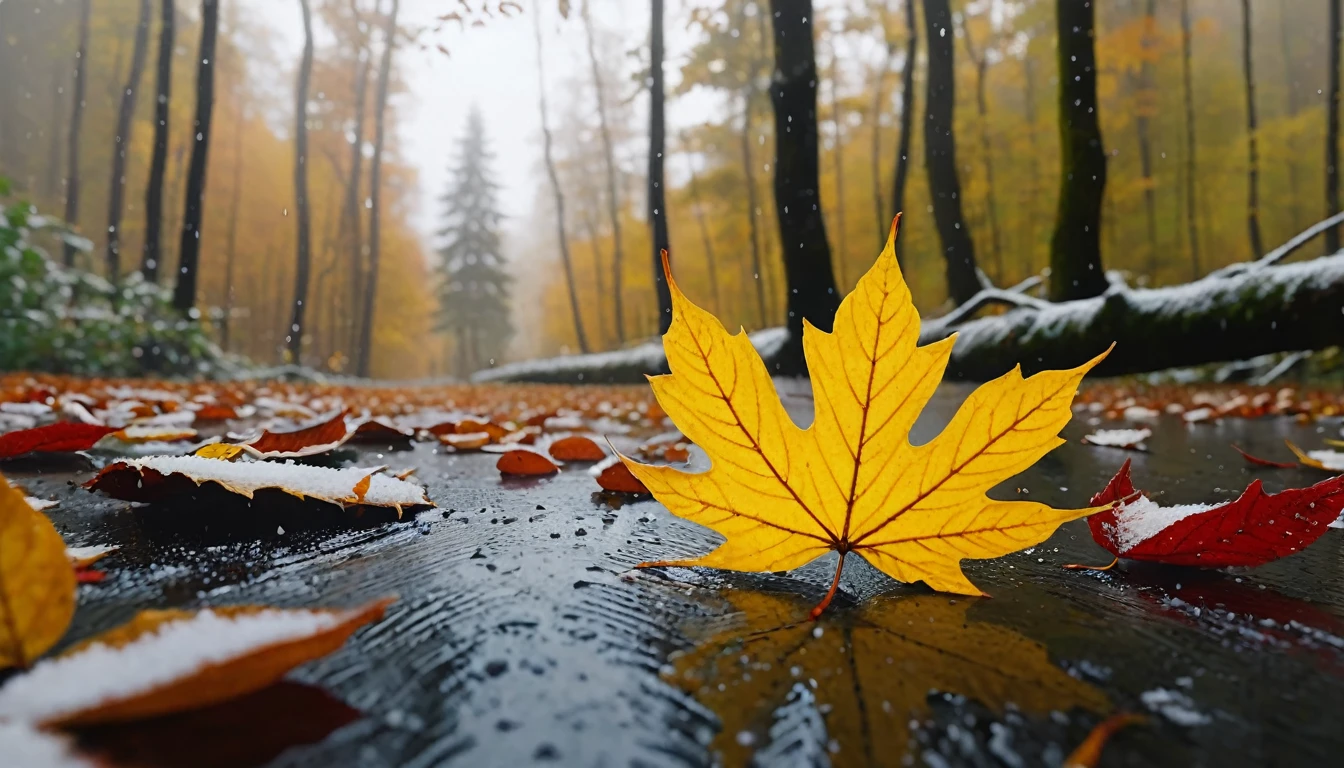 there is a round leaves that is sitting on the wilderness, magical round leaves leaves falling, snow is falling thinly,nature documentry footage, youtube video screenshot, today's featured photography 4k, autumn rain turkel, nature photography 4k, november, cinematic widescreen shot, leaves and magic, high quality screenshot, 2 0 2 1 cinematic 4 k framegrab, wide screenshot