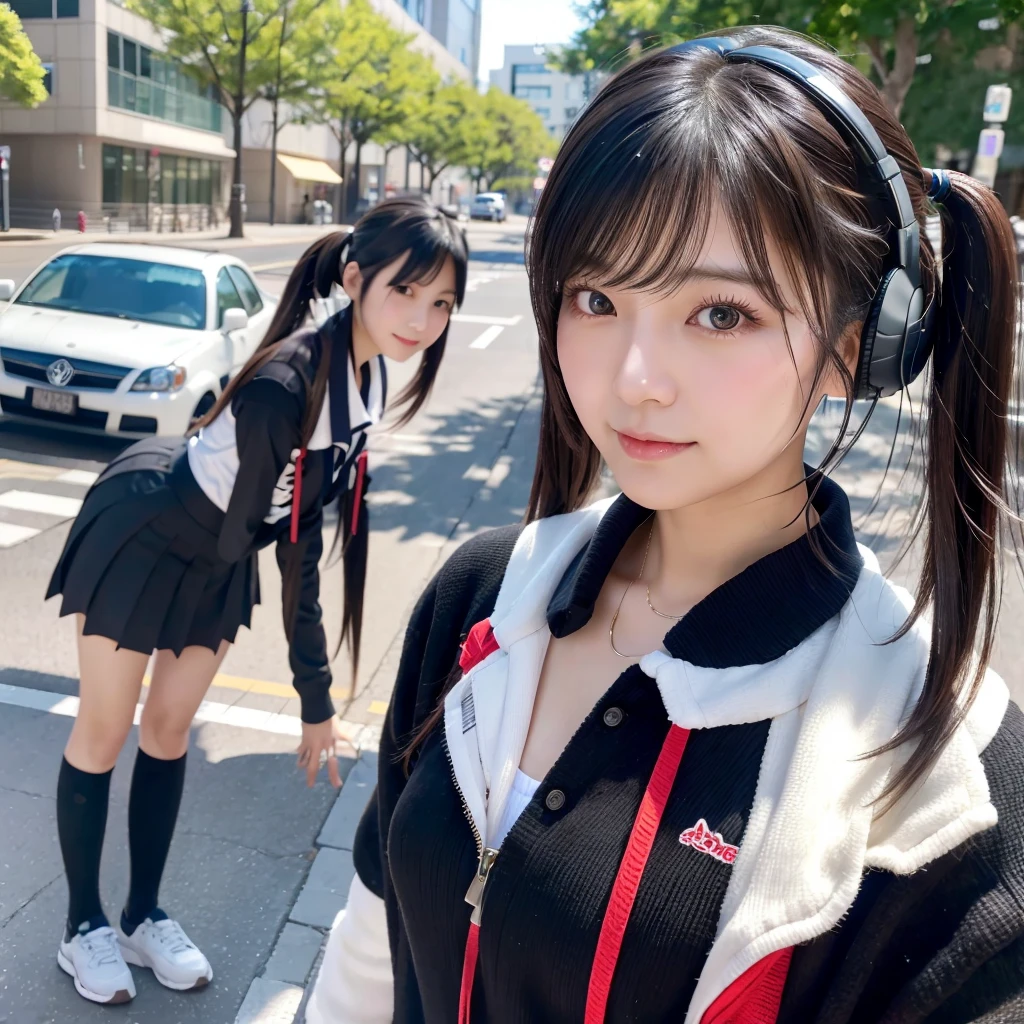 40-year-old Japanese woman、Black Hair、The hair is very short、Twin tails、High school girl cosplay、headphones、flat chest、Realistic photos、Realistic、8K quality、tall、No bangs、Street Snap、Close-up of face、Afterschool