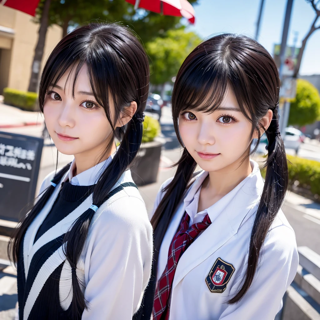 40-year-old Japanese woman、Black Hair、The hair is very short、Twin tails、High school girl cosplay、headphones、flat chest、Realistic photos、Realistic、8K quality、tall、No bangs、Street Snap、Close-up of face、Afterschool