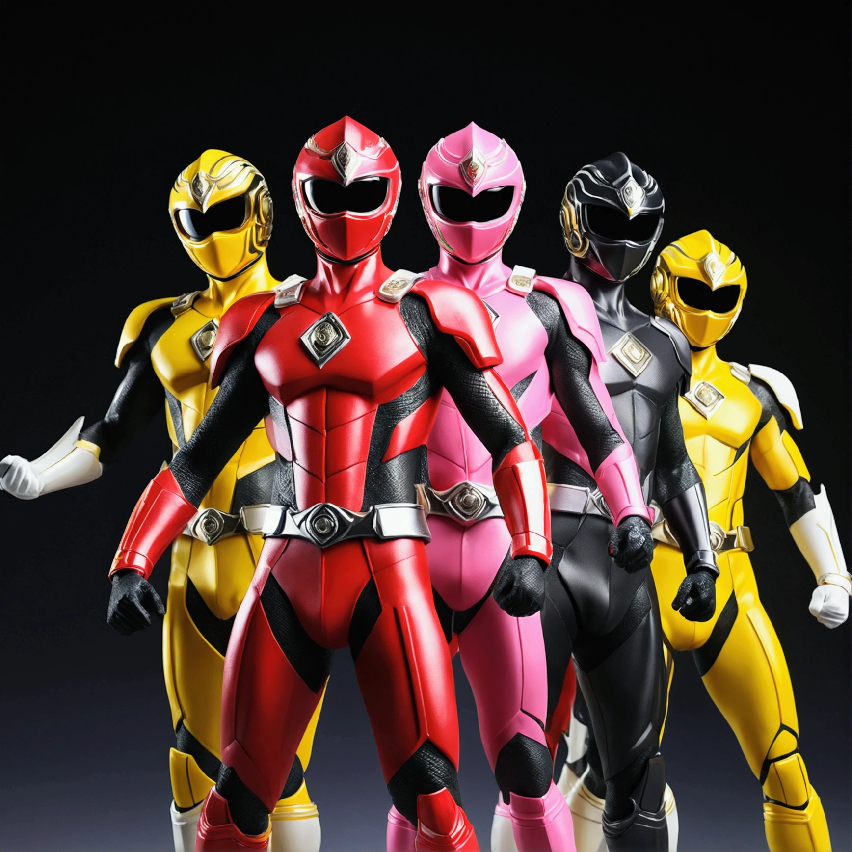An incredible decision、High resolution、(masterpiece:1.4)、Ultra-detailed、Sharp details、Dramatic and realistic painting art、Super Sentai Series Ganger、Hero Mask、(red tint、Lush、black、yellow、That's pink、Group of 5)Hero of Justice、Decide on a transformation pose、
