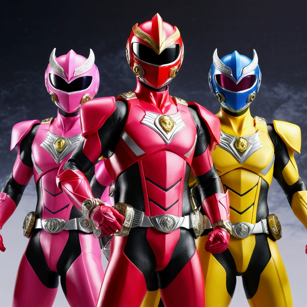 An incredible decision、High resolution、(masterpiece:1.4)、Ultra-detailed、Sharp details、Dramatic and realistic painting art、Super Sentai Serieechanical Body、Hero Mask、（red tint、Lush、black、yellow、That&#39;s pink、Group of 5）Hero of Justice、Decide on a transformation pose、