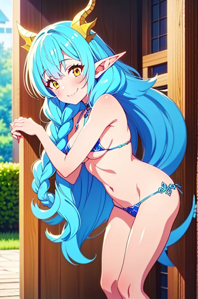 cute young girl, light blue hair, long hair, small braids hair, yellow eyes, elf ears, dragon tail, dragon thorn, muscular body, big breast, smioe, blush, smile