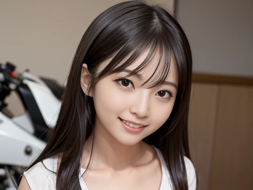 Japanese female, a lot of details, (underweight), 30 years old, detailed black hair, beautiful detailed hair, super fucking beautiful, delicate beautiful face, complex details beautiful and delicate eyes, perfect hands, (flat chest best quality:1.5), perfect and delicate limbs, detailed skin, best quality, ultra-detailed,(cheerful grin:1.5),
motorcycle racing, (Battle of three motorcycles:1.2),dynamic angle