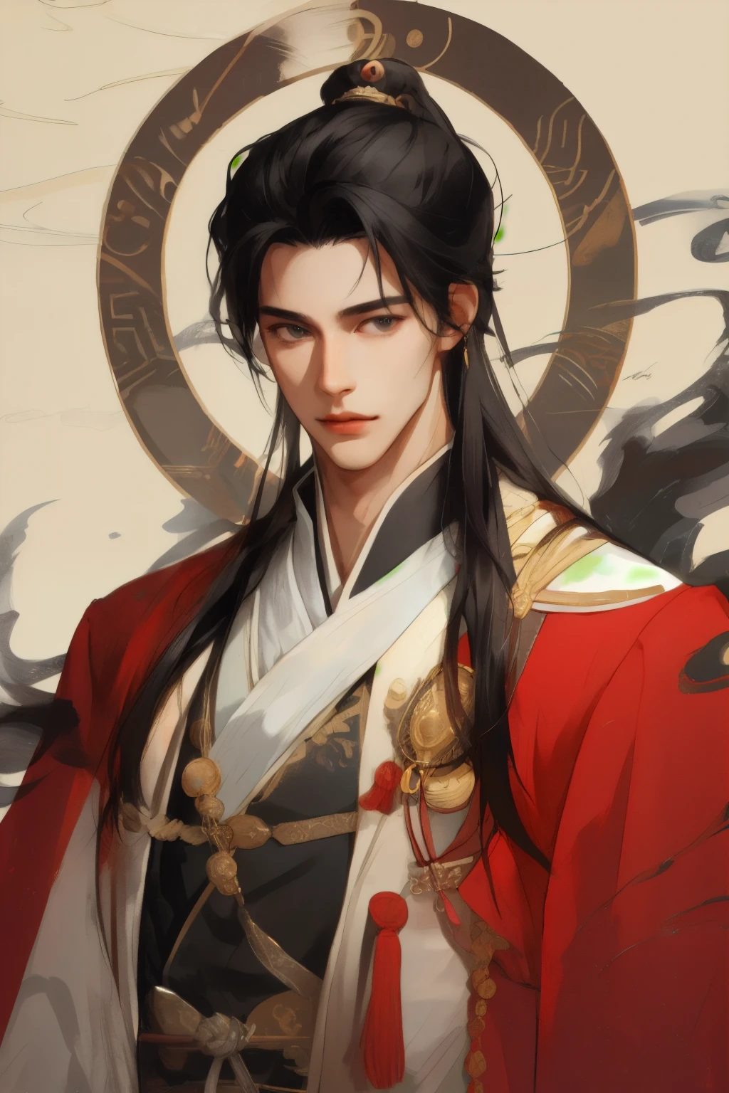 handsome guy，Quiet and peaceful，A faint smile，Chinese clothing and accessories，Black Hair，Perfect face，bust