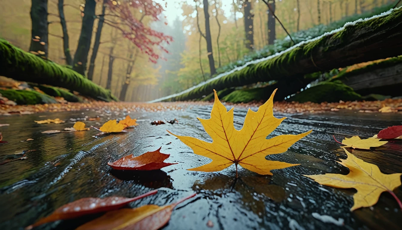 wilderness, magical round leaves leaves falling, snow is falling thinly,nature documentry footage, youtube video screenshot, today's featured photography 4k, autumn rain turkel, nature photography 4k, november, cinematic widescreen shot, leaves and magic, high quality screenshot, 2 0 2 1 cinematic 4 k framegrab, wide screenshot