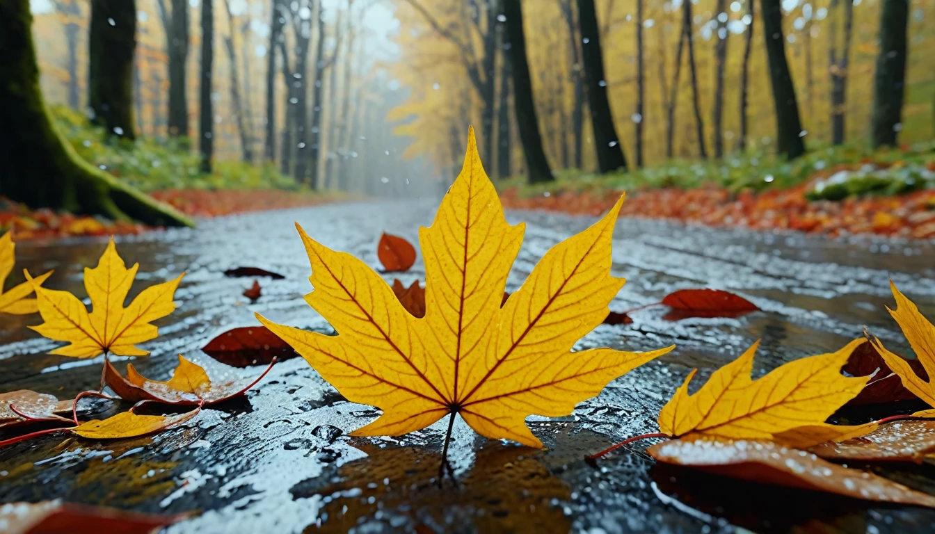 wilderness, magical round leaves leaves falling, snow is falling thinly,nature documentry footage, youtube video screenshot, today's featured photography 4k, autumn rain turkel, nature photography 4k, november, cinematic widescreen shot, leaves and magic, high quality screenshot, 2 0 2 1 cinematic 4 k framegrab, wide screenshot