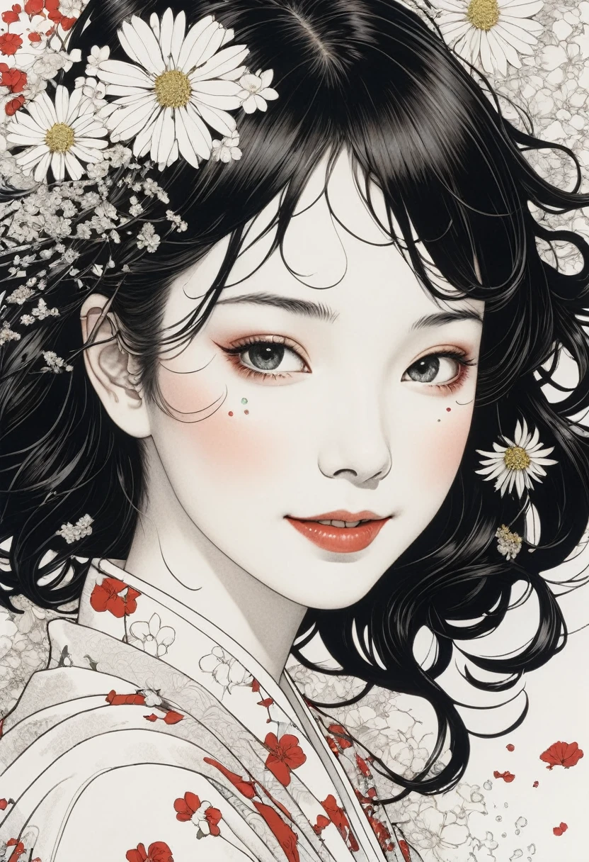 Line art、virgin、Splattered、Crazy Smile、Falling Flowers、takato yamamoto&#39;style、Dark and detailed patterned background、Traditional patterns of Japan、Browsing Caution、Big Breasts