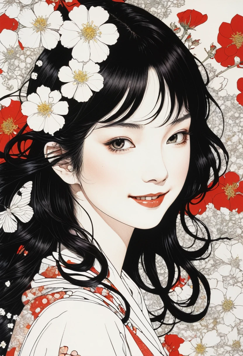 Line art、virgin、Splattered、Crazy Smile、Falling Flowers、takato yamamoto&#39;style、Dark and detailed patterned background、Traditional patterns of Japan、Browsing Caution、Big Breasts