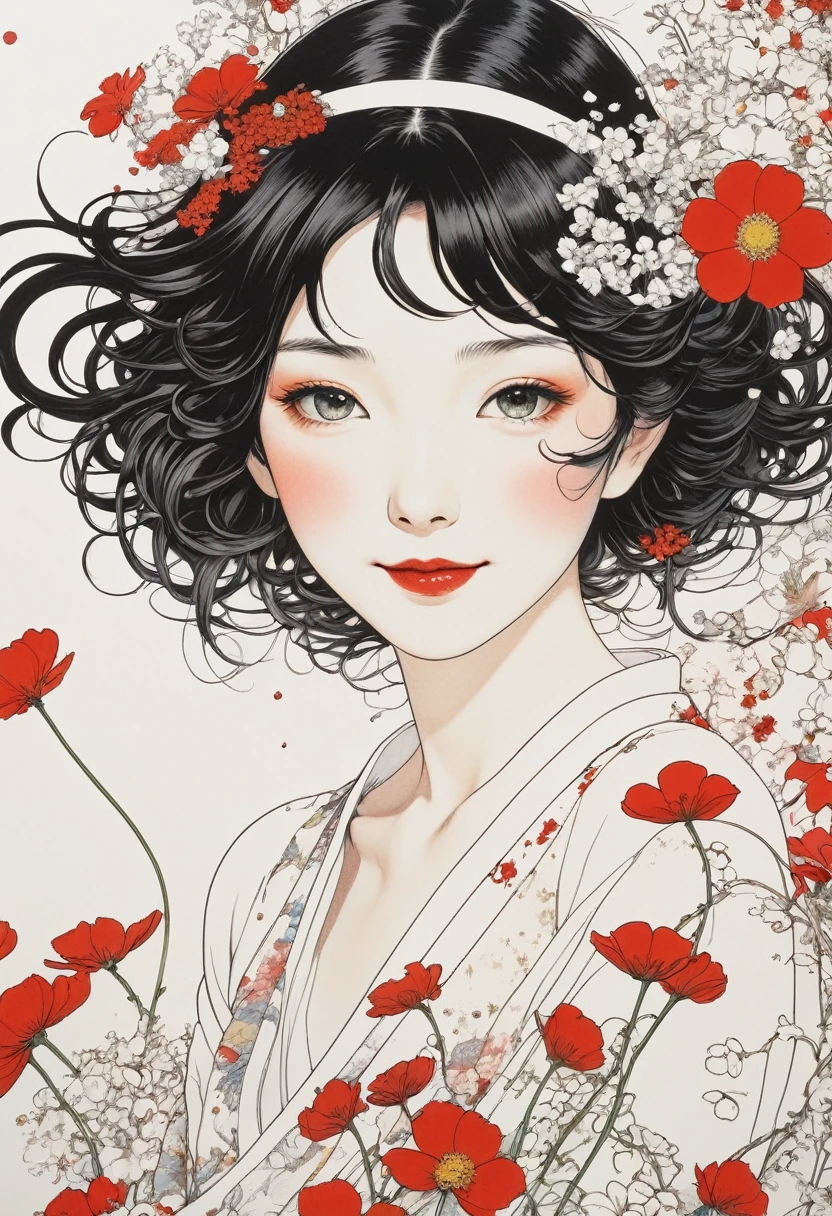 Line art、virgin、Splattered、Crazy Smile、Falling Flowers、takato yamamoto&#39;style、Dark and detailed patterned background、Traditional patterns of Japan、Browsing Caution、Big Breasts