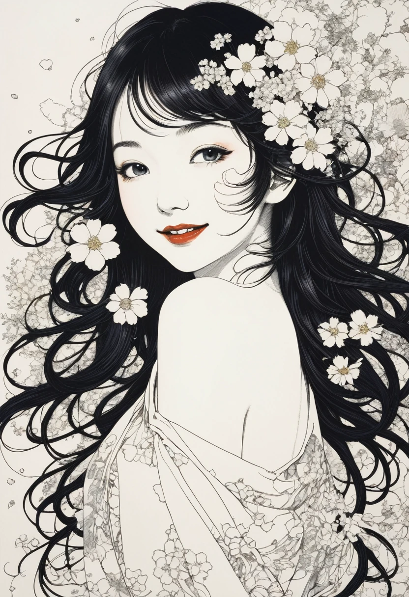 Line art、virgin、Splattered、Crazy Smile、Falling Flowers、takato yamamoto&#39;style、Dark and detailed patterned background、Traditional patterns of Japan、Browsing Caution、Big Breasts