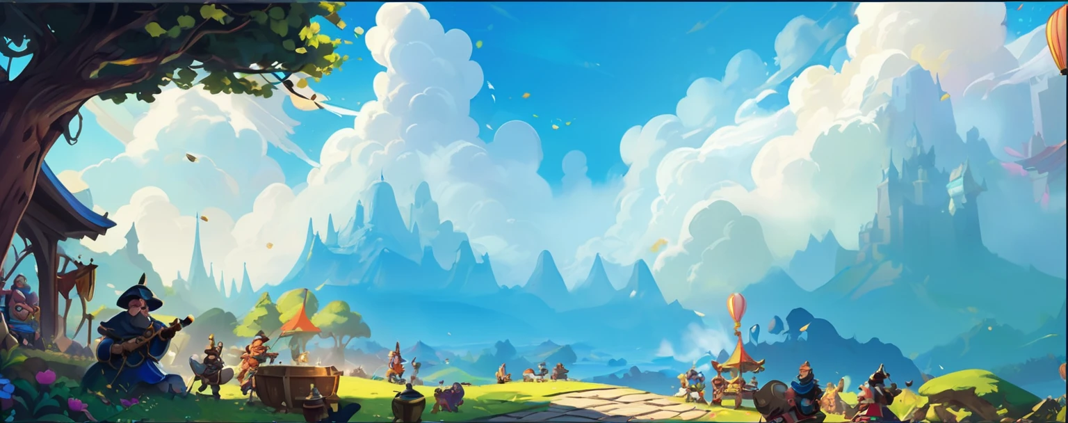 Sky (Masterpiece Best Quality:1.2) Exquisite illustrations with rich details, (Disney related activities) outdoor places, 。Clash Royale Style。Detailed background, illustration, bright, rich and colorful,