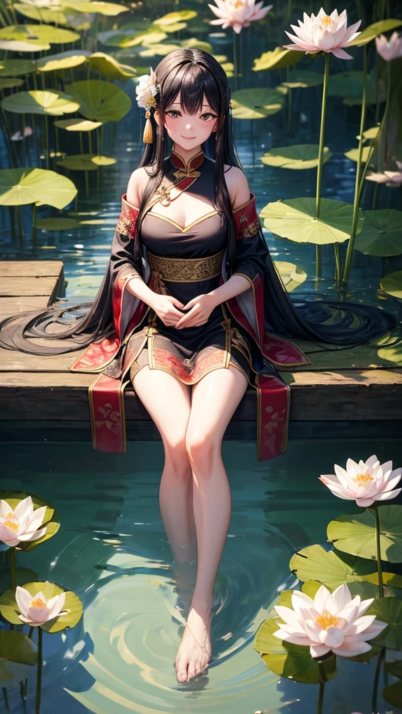 ((4k,masterpiece,best quality)), shuimobysim, traditional chinese ink painting, lotus, dress conservatively
2girl, twins,  long black hair, smile, sitting, feet in the water, barefoot,
 Three-dimensionality in the background.
Two good-looking people.
Lesbian Elements
