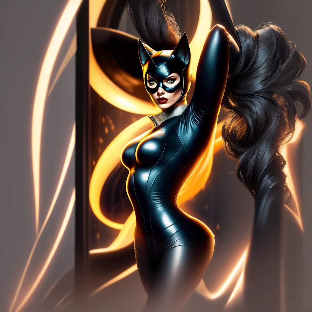 Female、Catwoman、Black vinyl bodysuit、Black Cat Mask、Full body image