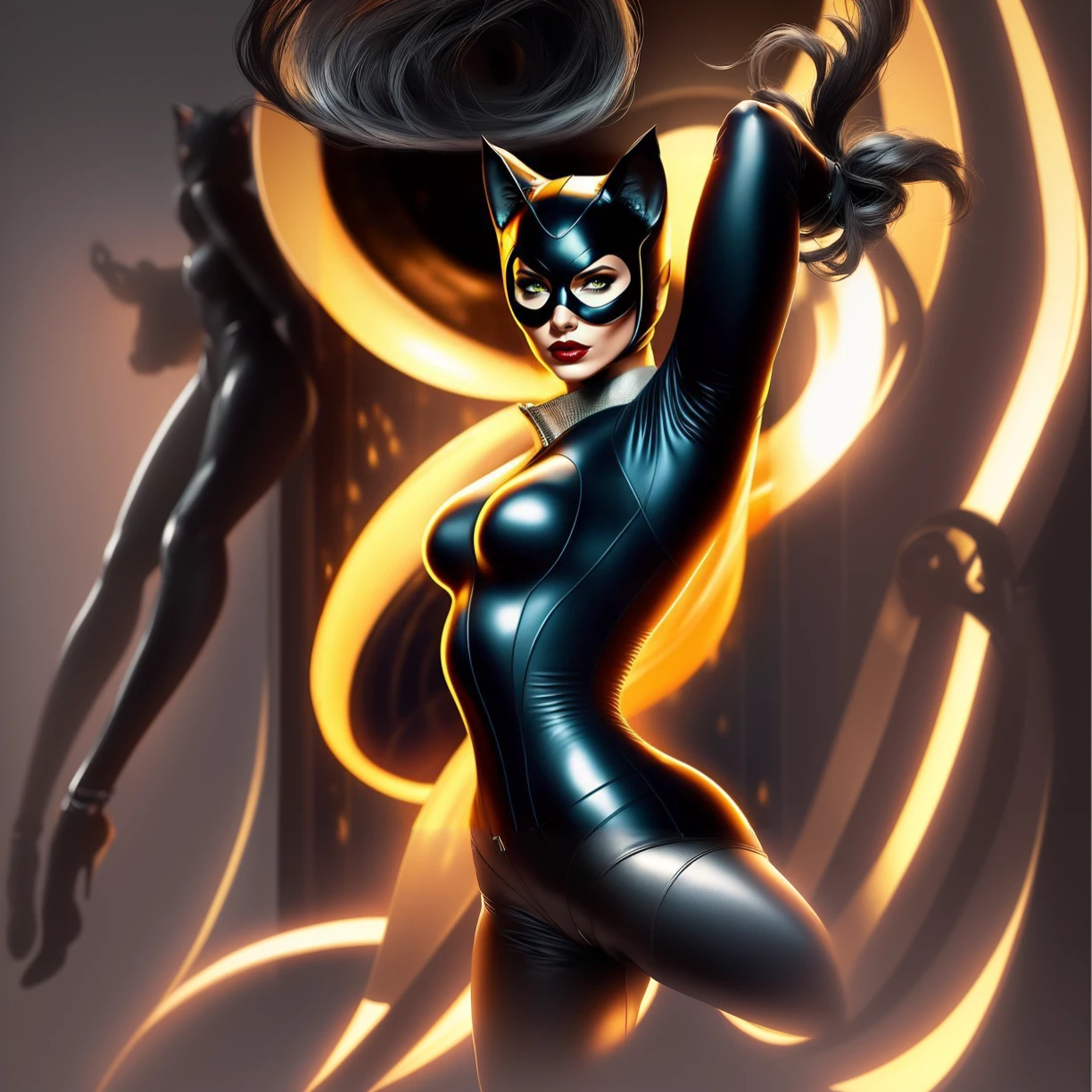 Female、Catwoman、Black vinyl bodysuit、Black Cat Mask、Full body image
