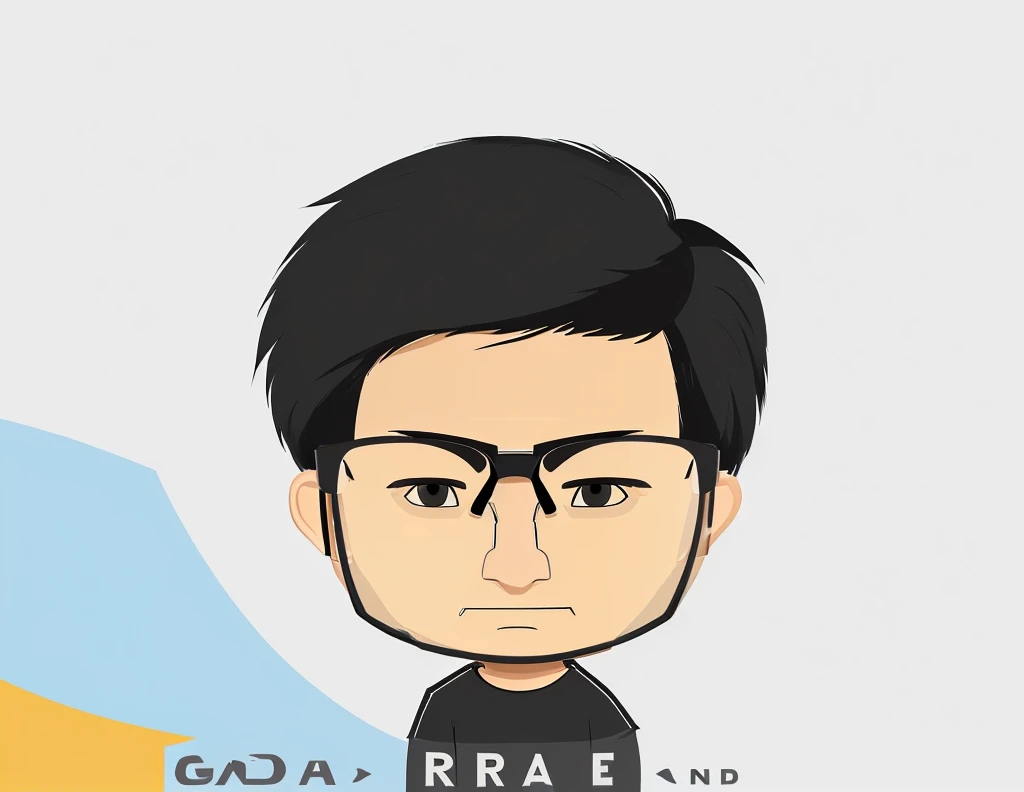 Cartoon of a man with black hair and wearing a black shirt, Round face, upper body 2d game avatar, Cartoon Art Style, In cartoon style, simple cartoon style, No Gradient, Round face, An illustration, Professional Profile Photo, trend, Asian Man, Round Head, High-quality portraits, (Wear glasses:1.7)