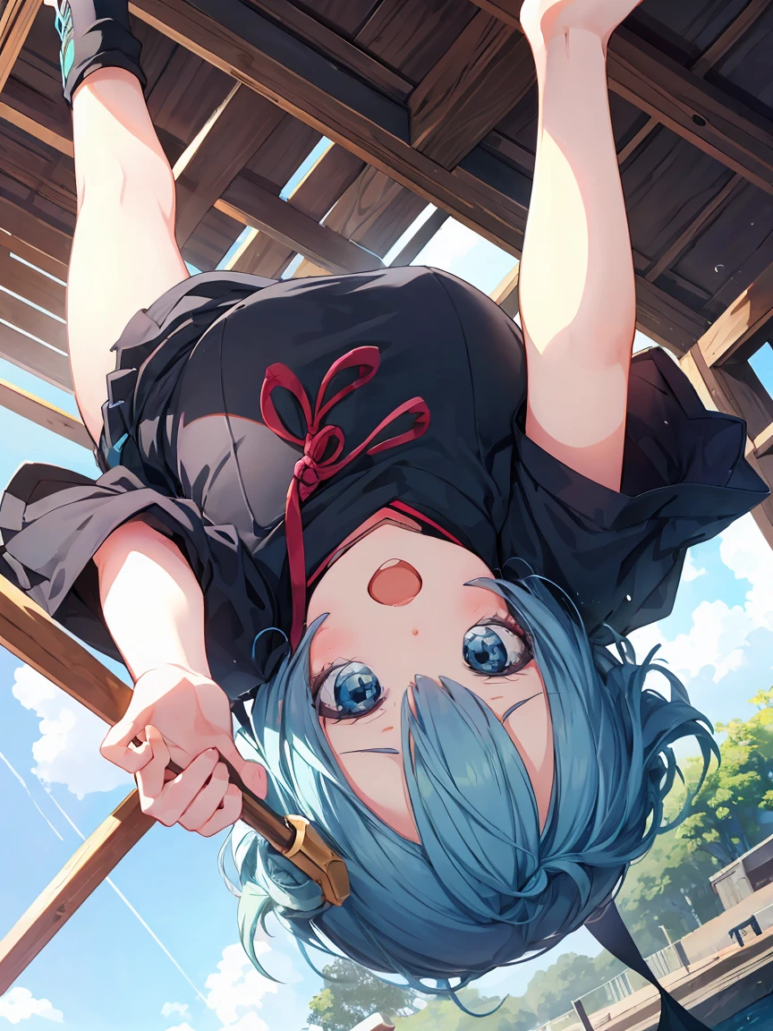 the pretty asian girl hanging upside down from a large structure, dressed in green, 1girl, blush, blue hair, solo, sketch, open mouth, unfinished