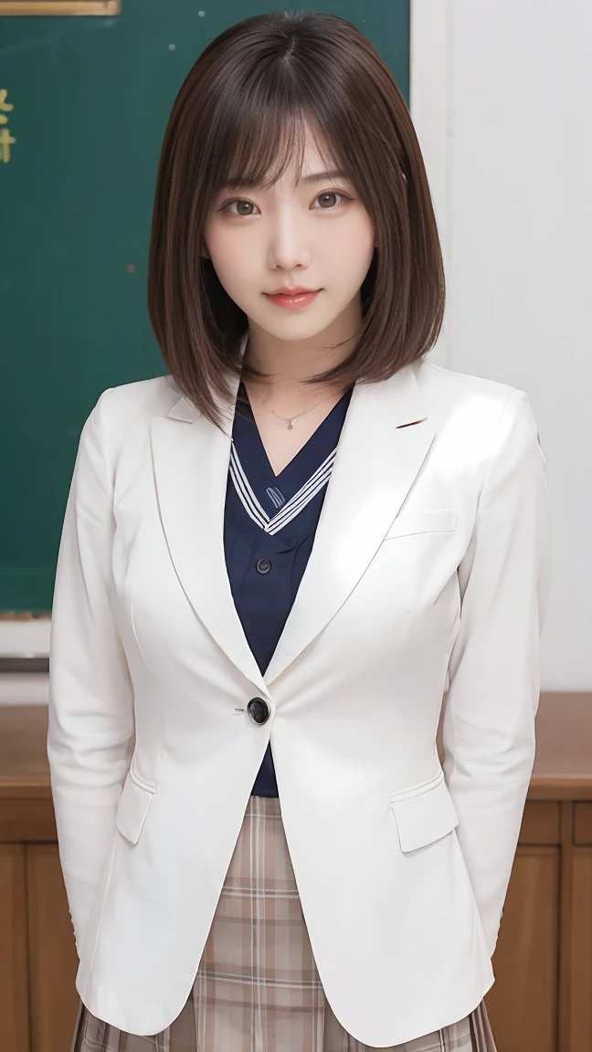 韓国の少女がSchoolを歩いている, School, White wall, Grey table, Raised to be sexy))), ((The best quality at its best)), ((Intricate details)), ((Ultra-realistic)), Ridiculous Resources, Moro Liberation Front, Mature Woman, Opinion, Very detailed, Awareness-raising, One huge breasted girl, (())，，, Perfect hands, Detailed fingers, 美丽细致Lewd Eyes, Long white hair, Brown eyes, Name Label, chief executive officer（CEO）, (韓国のSchool制服:1.2), Office lady suit, skirt, 耳Nipple Ring, Detailed Background, bedroom, Perfect Eyes, Lewd Eyes, View your viewers, View from the front