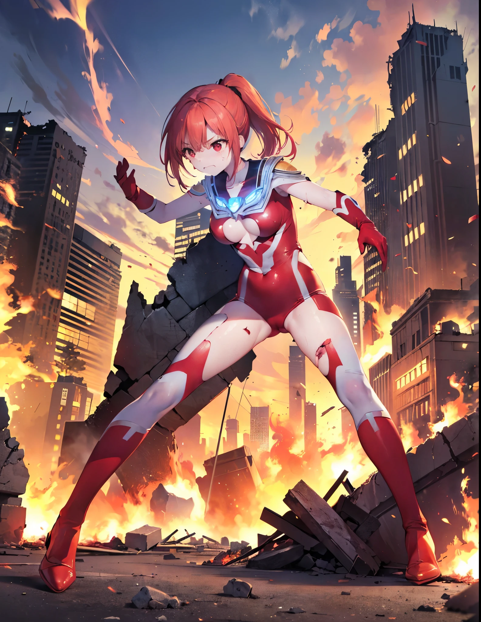 Practical,Highest quality, Ultra Detail, High-quality CG rendering, The most delicate and beautiful, Floating softly, High resolution, (1 giant girl), (Highest quality,4K,8K,masterpiece:1.2),(All red hair:1.5), (ponytail:1.5),(Red eyes:1.5), (Ultra Girl:1.0), (All red Ultraman bodysuit:1.4),(Do not expose your skin:1.4),(Slightly larger breasts:1.5),(Red gloves:1.3),(Red Shoes:1.3),(whole body:1.3),(Are standing:1.3),(A city engulfed in flames:1.3),(Buildings in flames:1.3),(Burning Ruins:1.3),(Fighting Pose:1.3),(sweating:1.3),(Wounded:1.3),(Flames on the body:1.2)