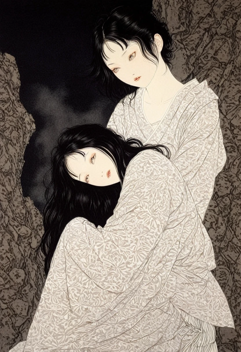 Line art、2 girls、Embrace each other、Yuri、Lesbian、Browsing Caution, throw, Dark and detailed patterned background、takato yamamoto'style、Traditional patterns of Japan