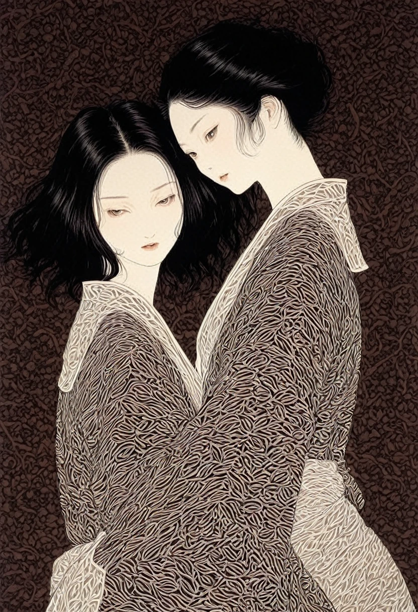 Line art、2 girls、Embrace each other、Yuri、Lesbian、Browsing Caution, throw,  Dark and detailed patterned background、takato yamamoto&#39;style、Traditional patterns of Japan
