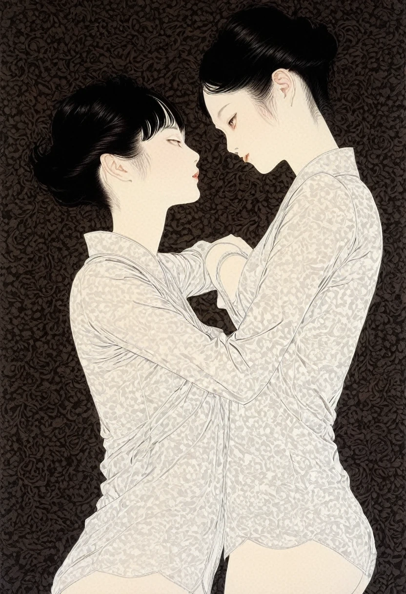 Line art、2 girls、Embrace each other、Yuri、Lesbian、Browsing Caution, throw, Dark and detailed patterned background、takato yamamoto'style、Traditional patterns of Japan