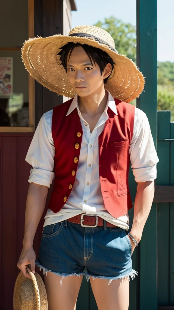 Luffy（ONE PIECE）Generate images of characters in a realistic style。Including his signature straw hat and red vest.、Please express a sense of adventure。