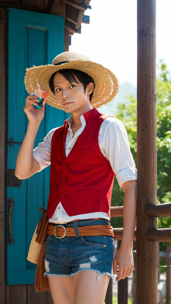 Luffy(ONE PIECE)Generate images of characters in a realistic style。Including his signature straw hat and red vest.、Please express a sense of adventure。